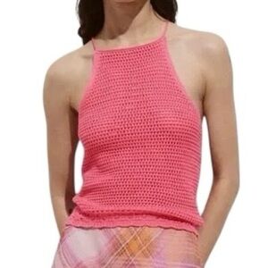 MNG Mango Pink Crochet Halter Top Boho Festival Summer Open Knit Cotton Size M